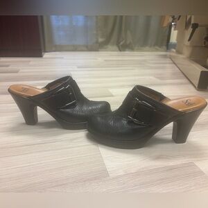 Söfft black leather clog with 3 inch heel, decorative buckle, women’s size 9